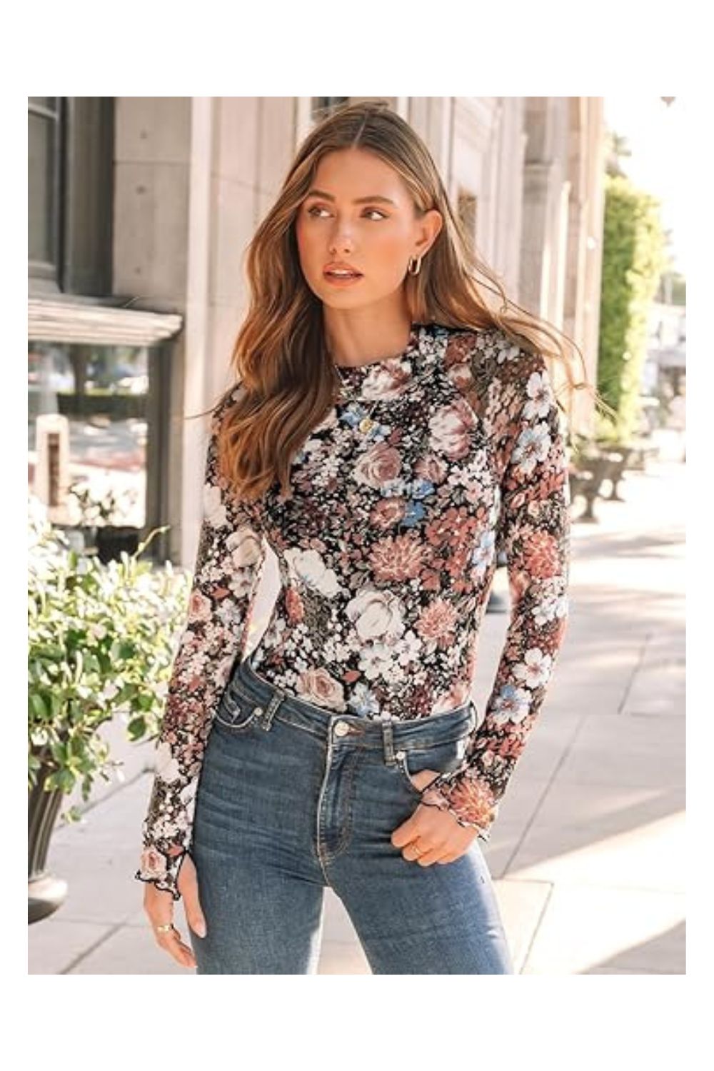 Trendy Women's Lace Long Sleeve Floral Mesh Mockneck Top