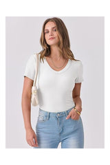 Trendy Women's Short Sleeve V-Neck Ribbed Knit Top
