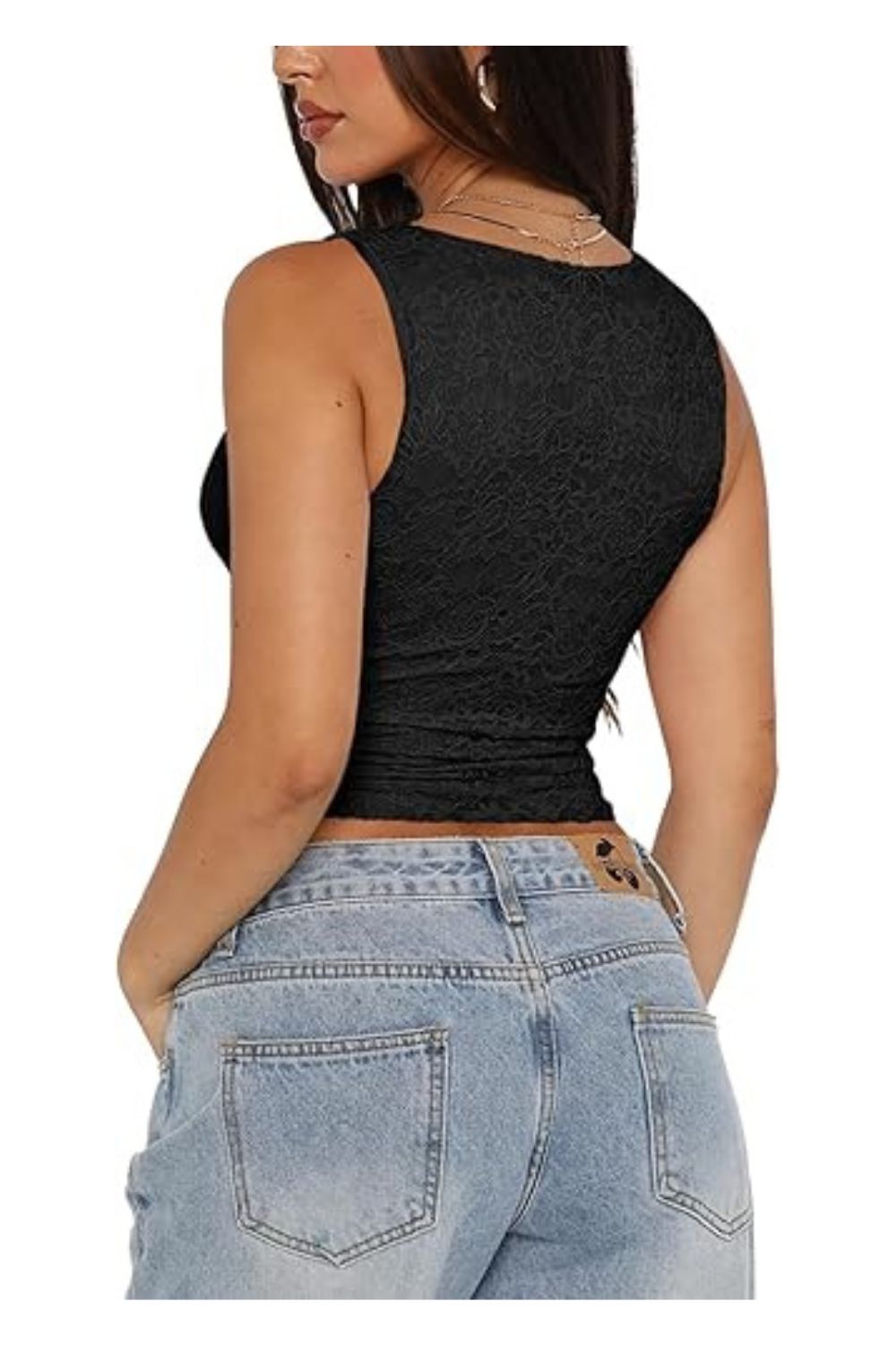 Trendy Women's V-Neck Sleeveless Double-Lined Lace Crop Top
