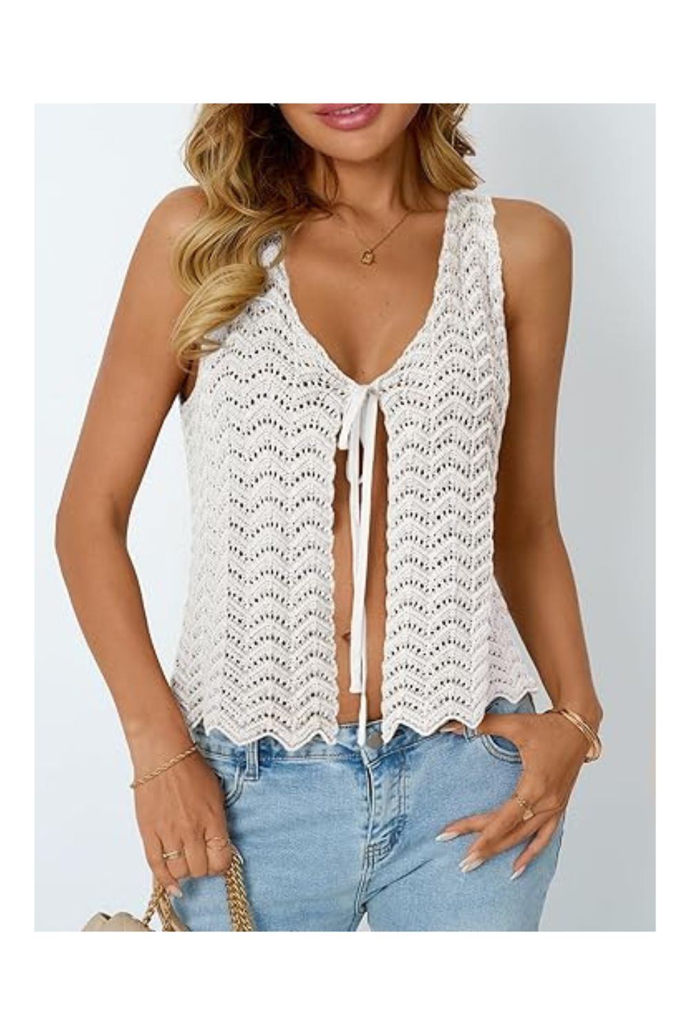 Trendy Women's Crochet Tie Front Beach Vacation Sweater