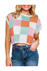 Trendy Women's Cap Sleeve Color Block Crop Sweater