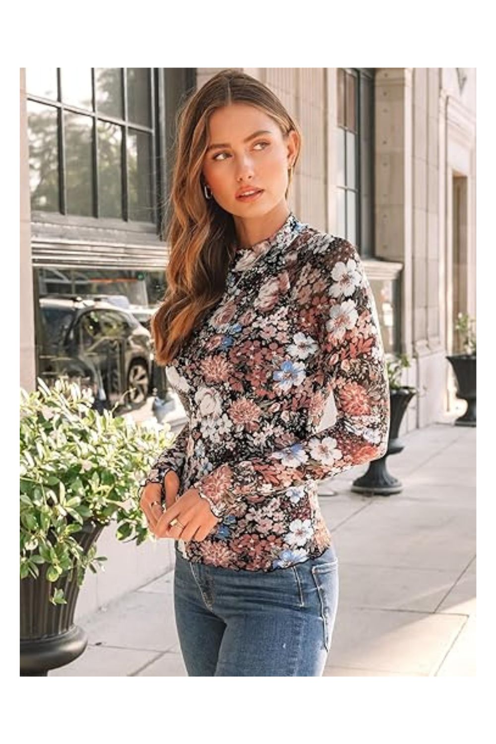 Trendy Women's Lace Long Sleeve Floral Mesh Mockneck Top