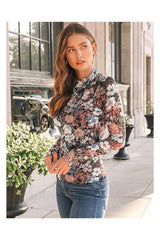 Trendy Women's Lace Long Sleeve Floral Mesh Mockneck Top
