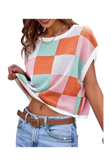 Trendy Women's Cap Sleeve Color Block Crop Sweater