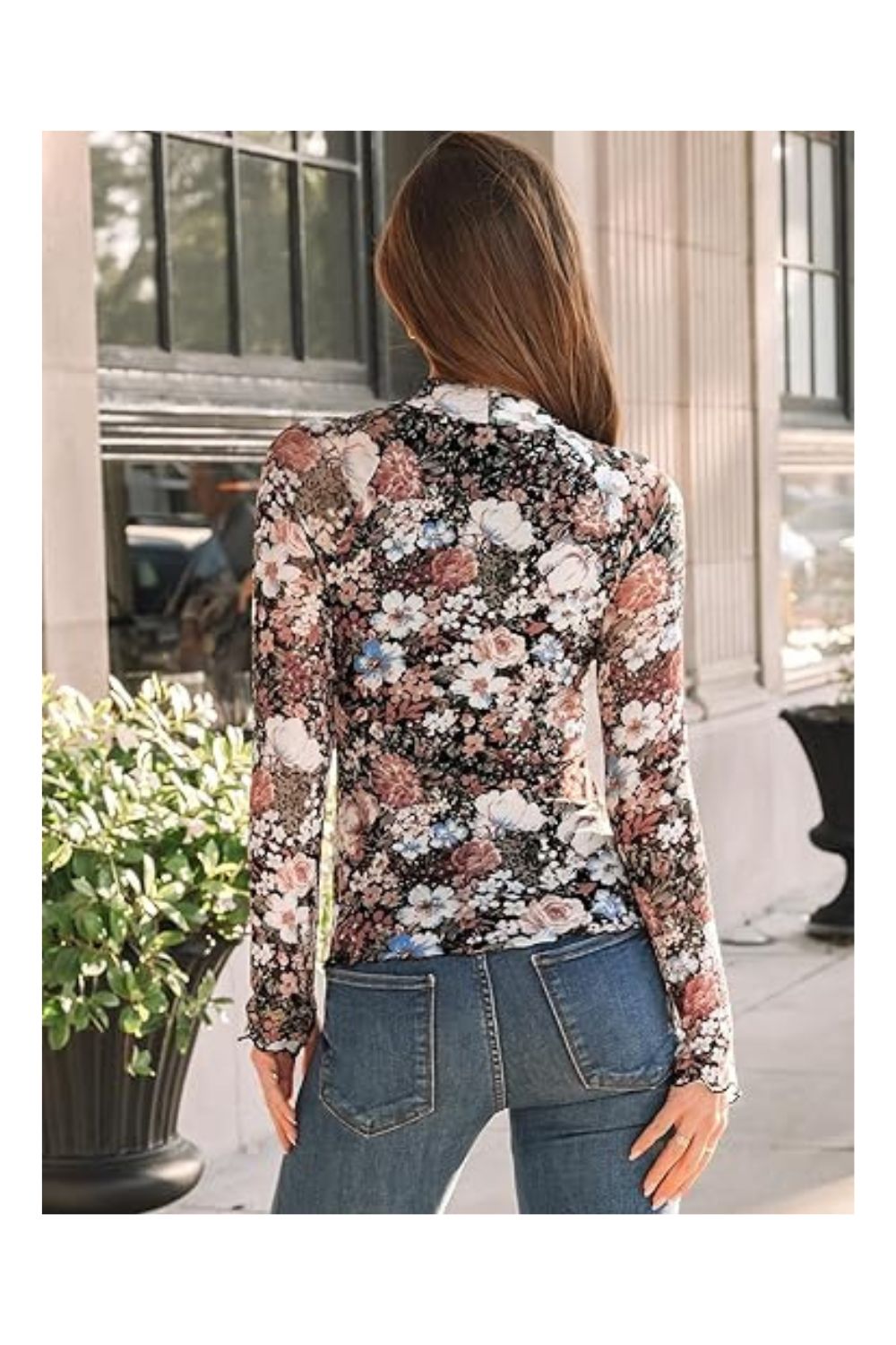 Trendy Women's Lace Long Sleeve Floral Mesh Mockneck Top