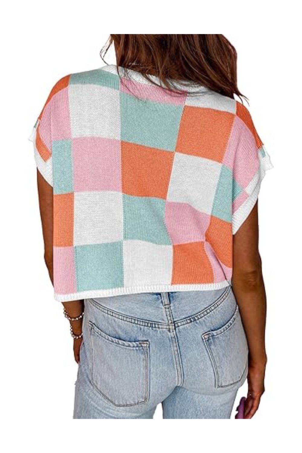 Trendy Women's Cap Sleeve Color Block Crop Sweater