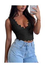 Trendy Women's V-Neck Sleeveless Double-Lined Lace Crop Top
