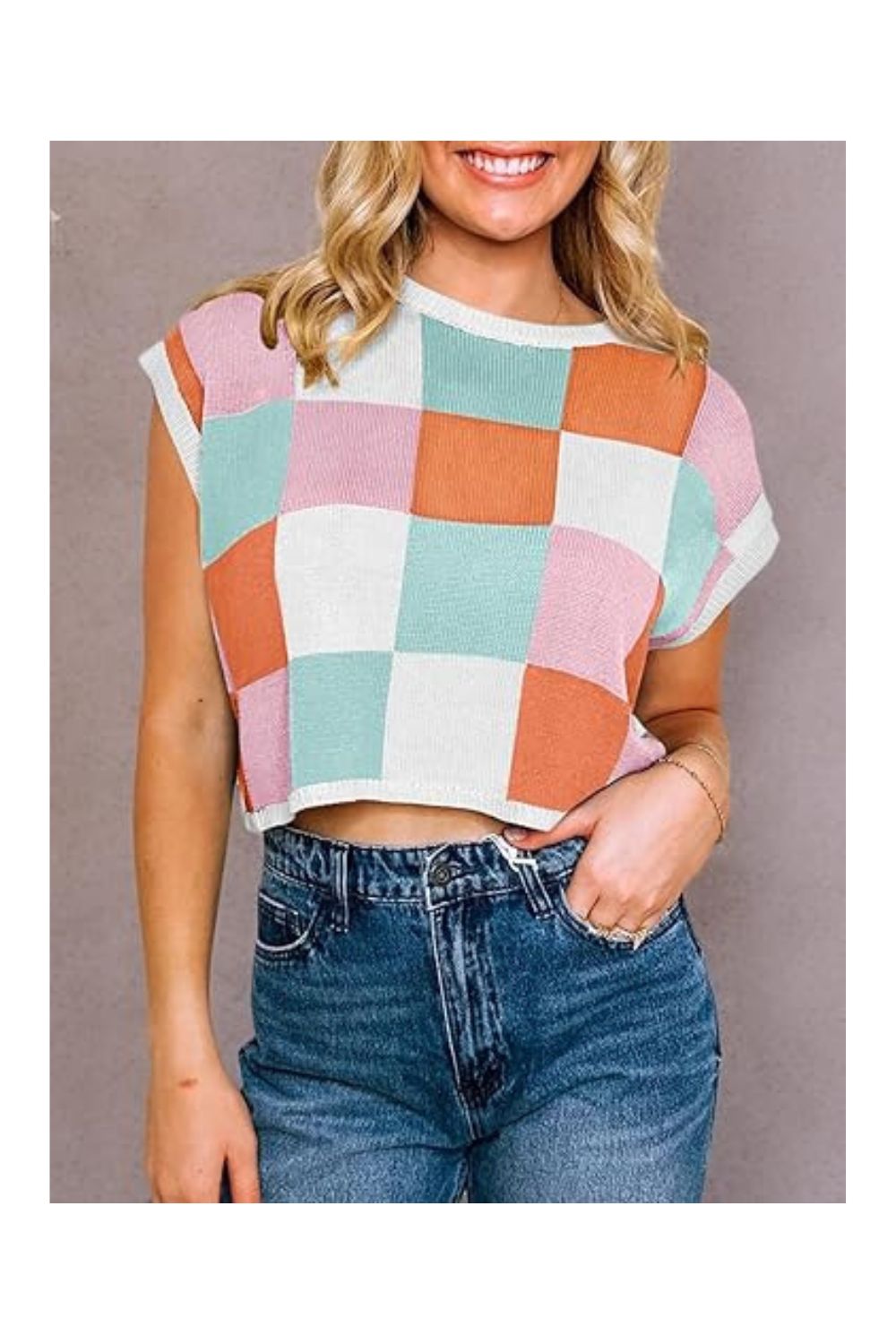 Trendy Women's Cap Sleeve Color Block Crop Sweater