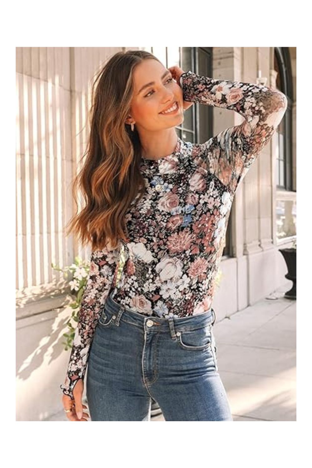 Trendy Women's Lace Long Sleeve Floral Mesh Mockneck Top