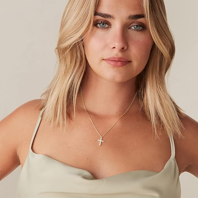 14K Gold Plated CZ Cross Pendant Necklace for Women
