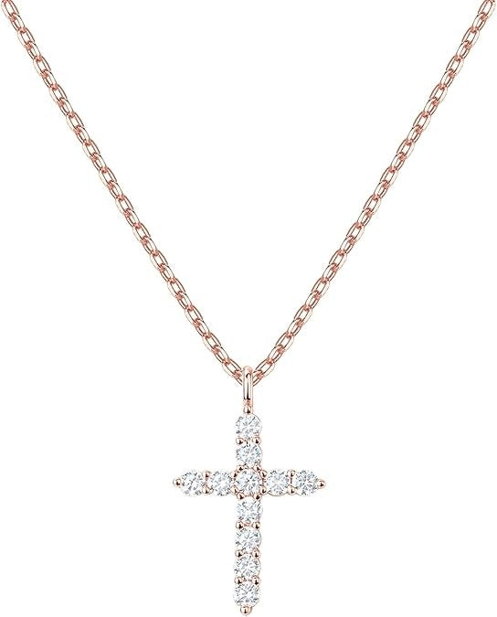 14K Gold Plated CZ Cross Pendant Necklace for Women