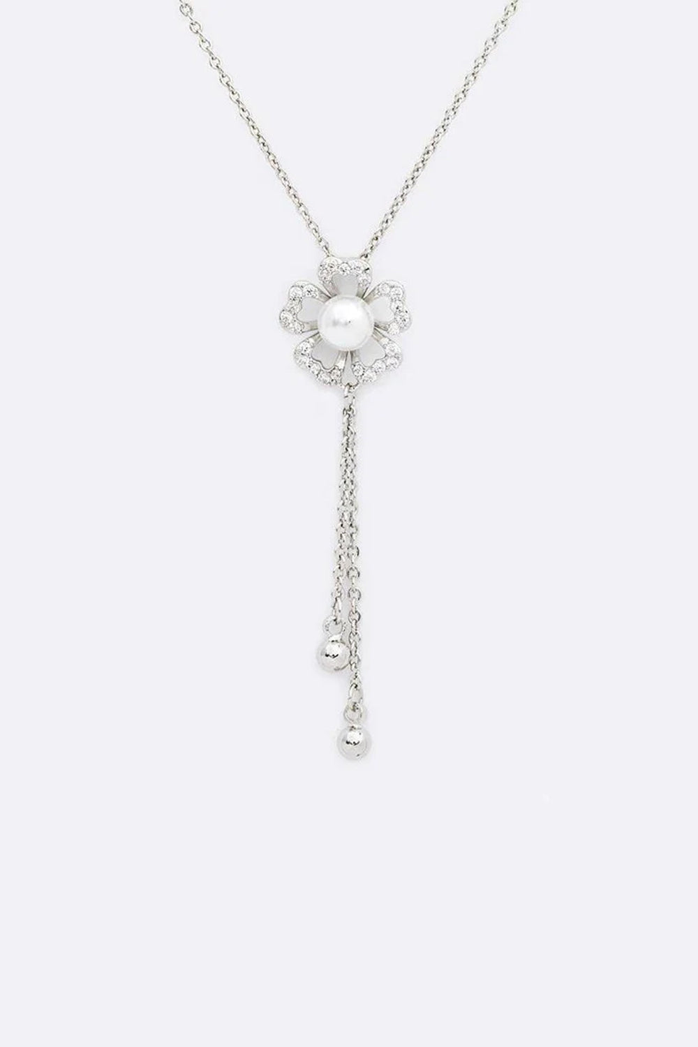 Pearl Accent CZ Flower Chain Drop Pendant Necklace