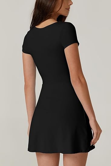 Short Sleeve Square Neck Mini Dress with Built-In Pockets