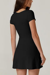 Short Sleeve Square Neck Mini Dress with Built-In Pockets
