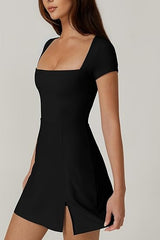 Short Sleeve Square Neck Mini Dress with Built-In Pockets
