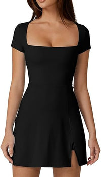 Short Sleeve Square Neck Mini Dress with Built-In Pockets