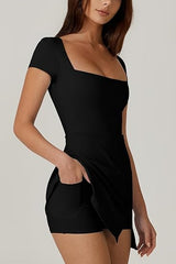 Short Sleeve Square Neck Mini Dress with Built-In Pockets
