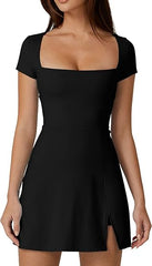 Short Sleeve Square Neck Mini Dress with Built-In Pockets