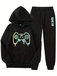 Boy's Cool Gamepad Print Hooded Outfit Hoodie & Pants Set