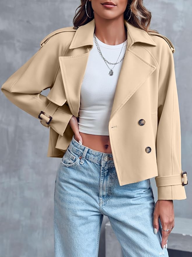 Women Crop Double Breasted Trench Jacket