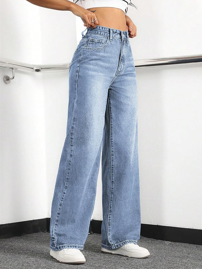 Women High Waisted Jeans  Wide Leg Loose Stretchy Boyfriend Denim Pants