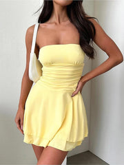 Women Sexy Strapless Tiered Layer Mini Dress