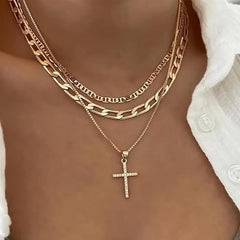 Women Cross Necklace Stackable Layered Gold Paperclip Mariner Chain CZ Pendant