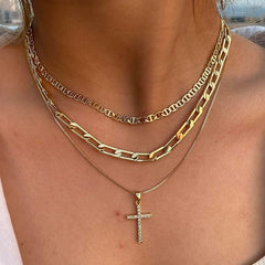 Women Cross Necklace Stackable Layered Gold Paperclip Mariner Chain CZ Pendant