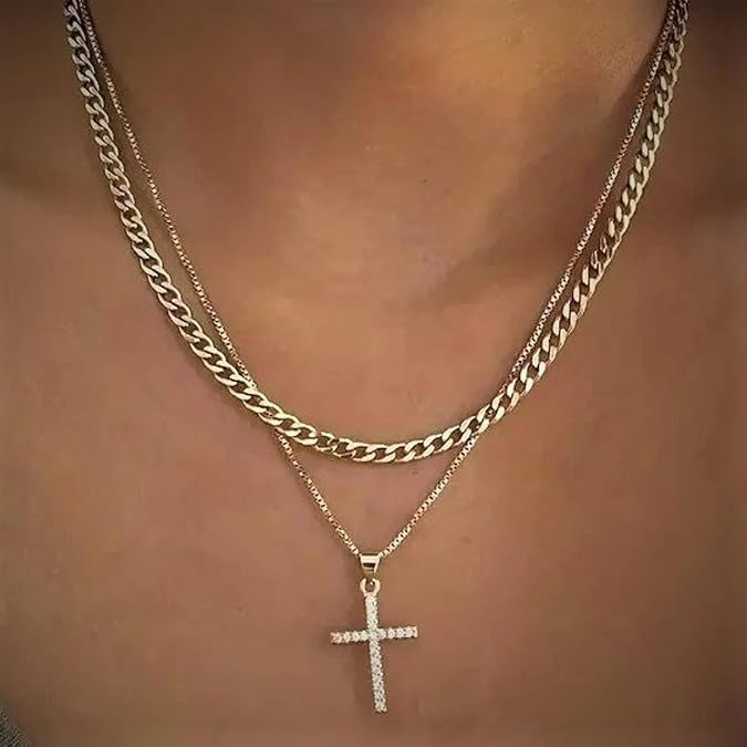 Women Cross Necklace Stackable Layered Gold Paperclip Mariner Chain CZ Pendant