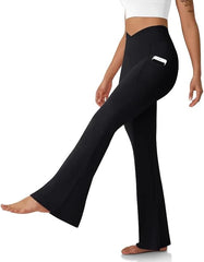 Women's Flare Leggings with Pockets-Crossover High Waisted Bootcut Yoga Pants