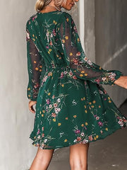 Women's Mini V Neck Chiffon Long Peasant Sleeves Flowy Summer Dress