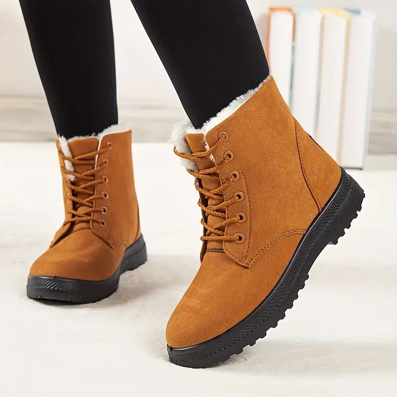 Women's Round Toe Lace Up Boots, Warm Faux Fur Lined Ankle Boots