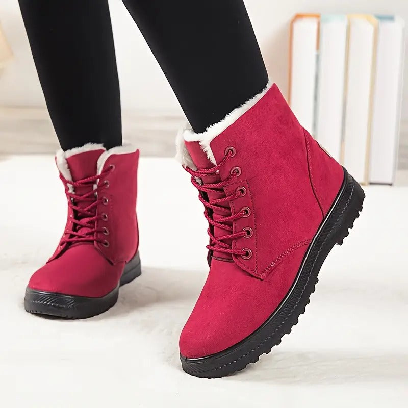 Women's Round Toe Lace Up Boots, Warm Faux Fur Lined Ankle Boots