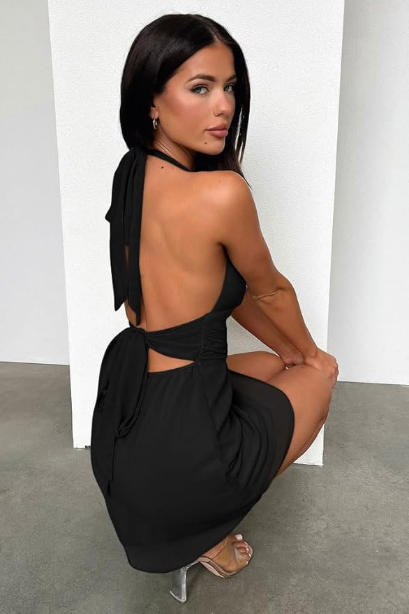 Women's V Neck Flowy Chiffon Bow Summer Mini Dress