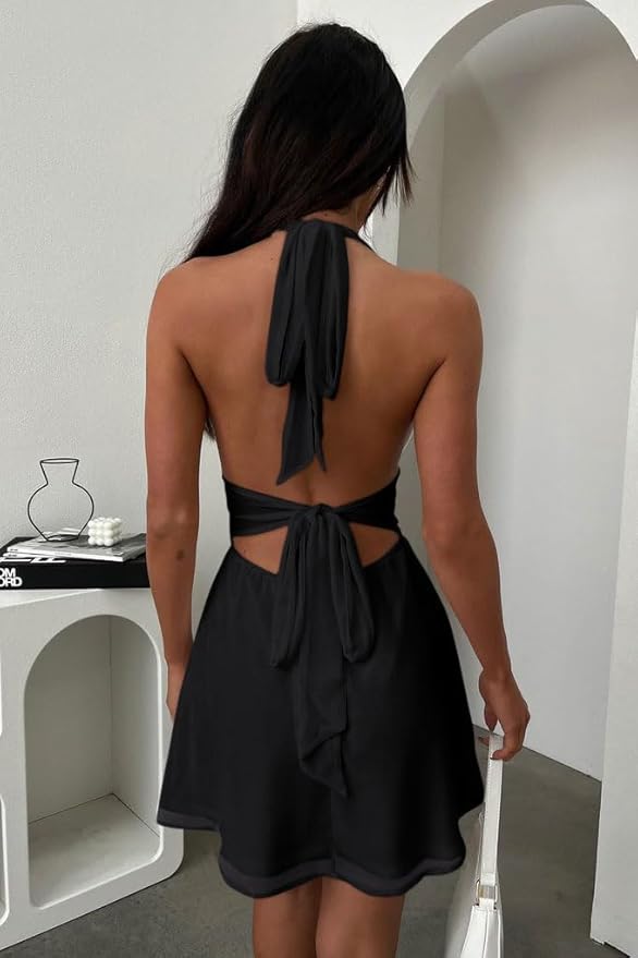 Women's V Neck Flowy Chiffon Bow Summer Mini Dress