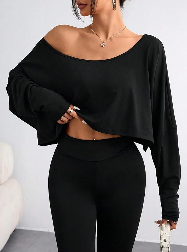 Womens Off Shoulder Long Sleeve Crop Tops