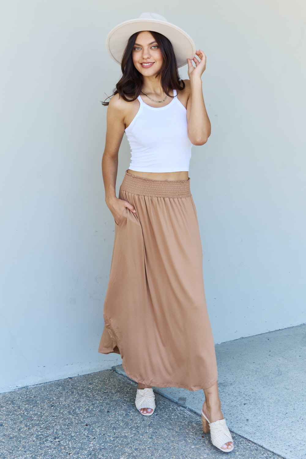 Doublju Full Size High Waist Scoop Hem Maxi Skirt in Tan