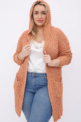 Plus Ribbed Popcorn Knit Long Open Hoodie Cardigan