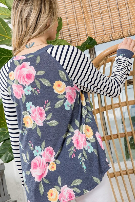 Plus Floral Stripe Mix Baseball Top