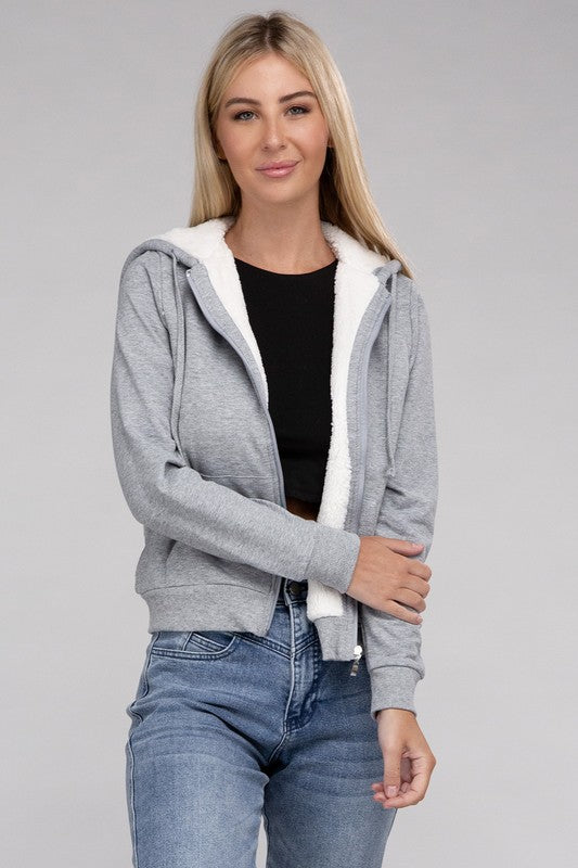 Fuzzy Trim Zip-Up Crop Hoodie