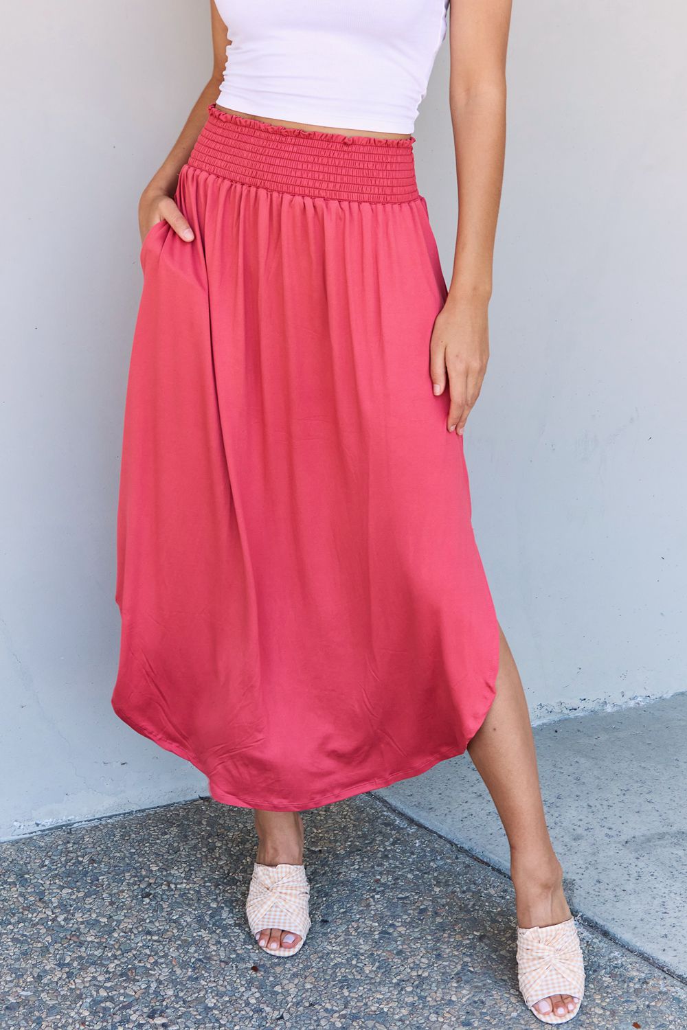 Full Size High Waist Scoop Hem Maxi Skirt in Hot Pink