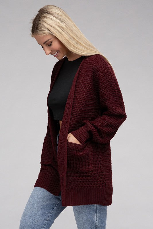 Low Gauge Waffle Open Cardigan Sweater 