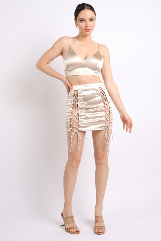 Lace Up Detailed Mini Skirt and Crop Top Set