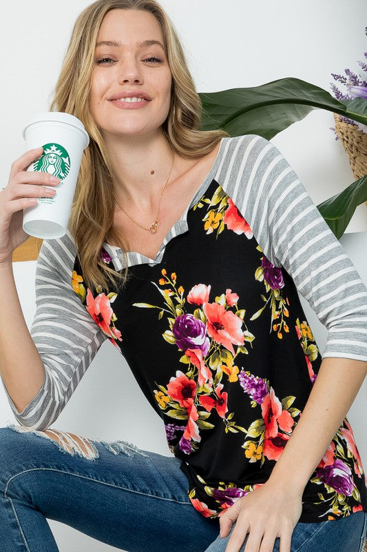 Plus Floral Mixed Henley Top