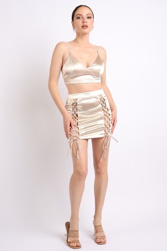 Lace Up Detailed Mini Skirt and Crop Top Set