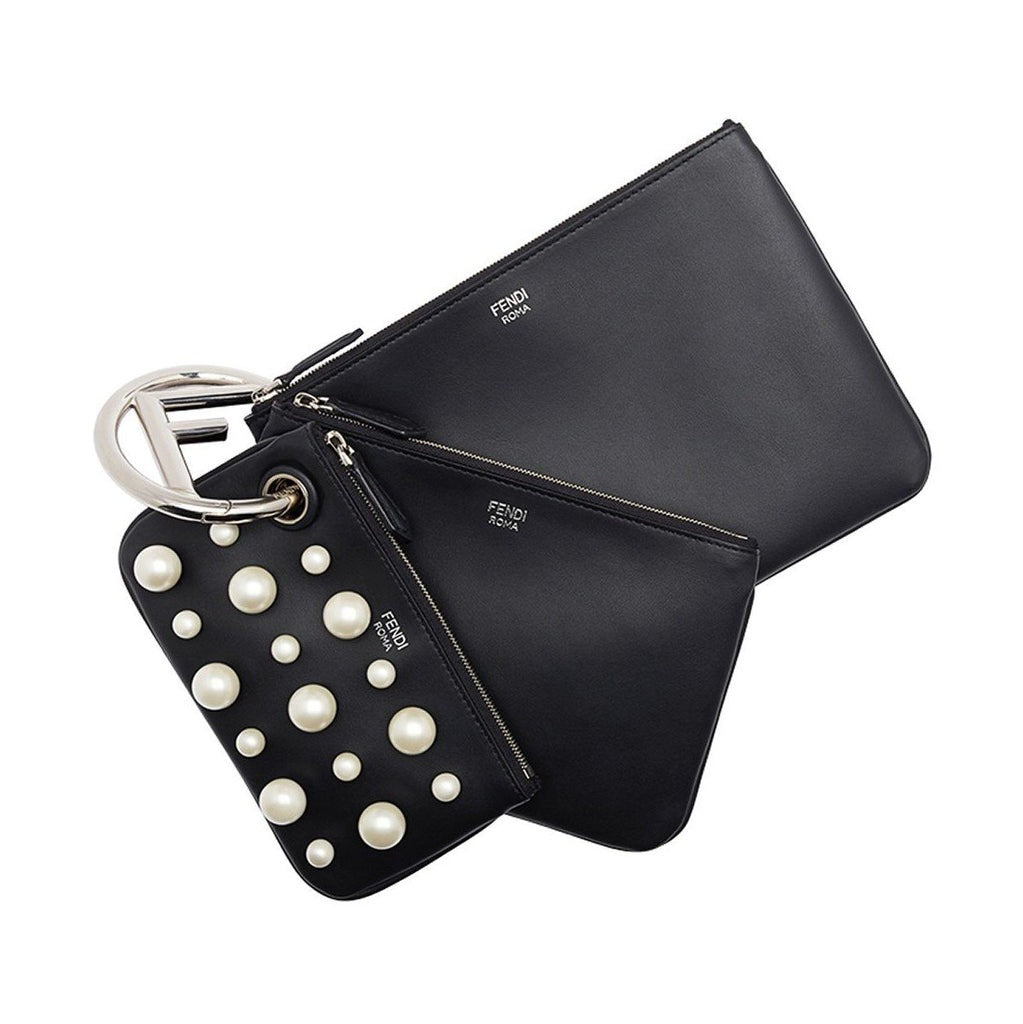 Fendi Black Leather Pearl Studded Triplette Multi Clutch Handbag