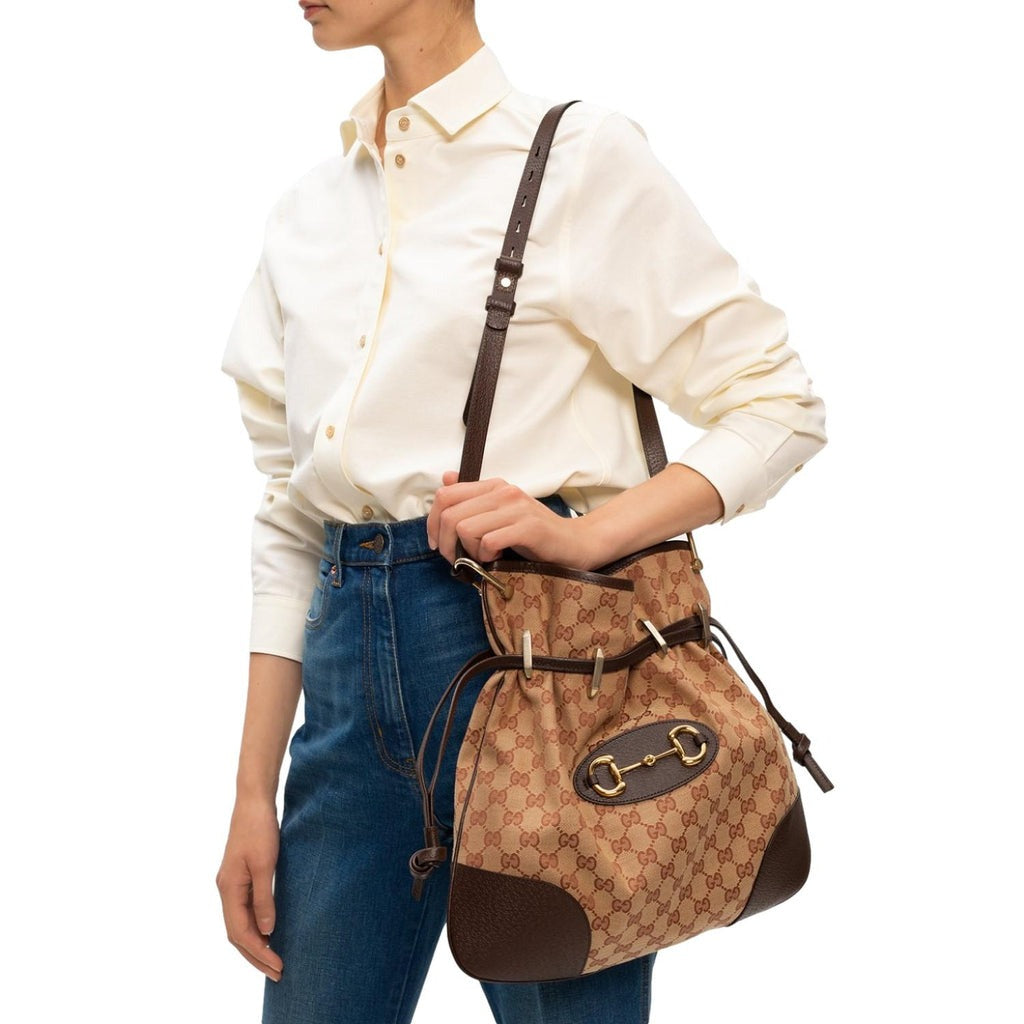 Gucci 1955 Horsebit Beige Canvas Drawstring Messenger Bag