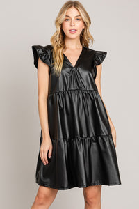 Cotton Bleu Faux Ruffle Sleeves V Neck Tiered Babydoll Dress