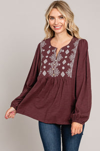 Washed Cotton Slub Embroidery Front Top Cotton Bleu