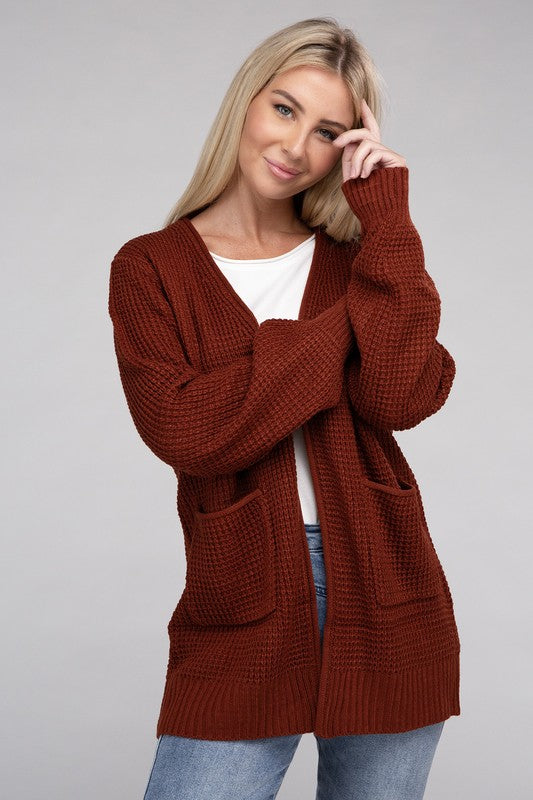 Low Gauge Waffle Open Cardigan Sweater 